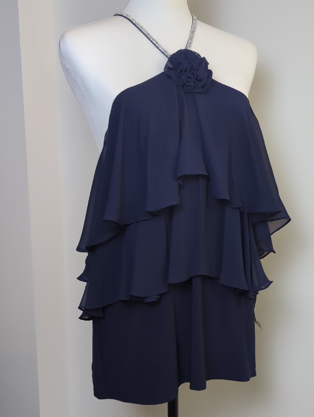 NWT MSK Navy Blue Rhinestone Halter Tiered Chiffon Top Rosette Blouse XL